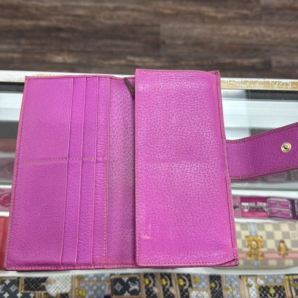 GUCCI Abbey Monogram Canvas Hot Pink Leather-Trim Long Snap Horsebit Wallet VTG - Picture 4 of 6